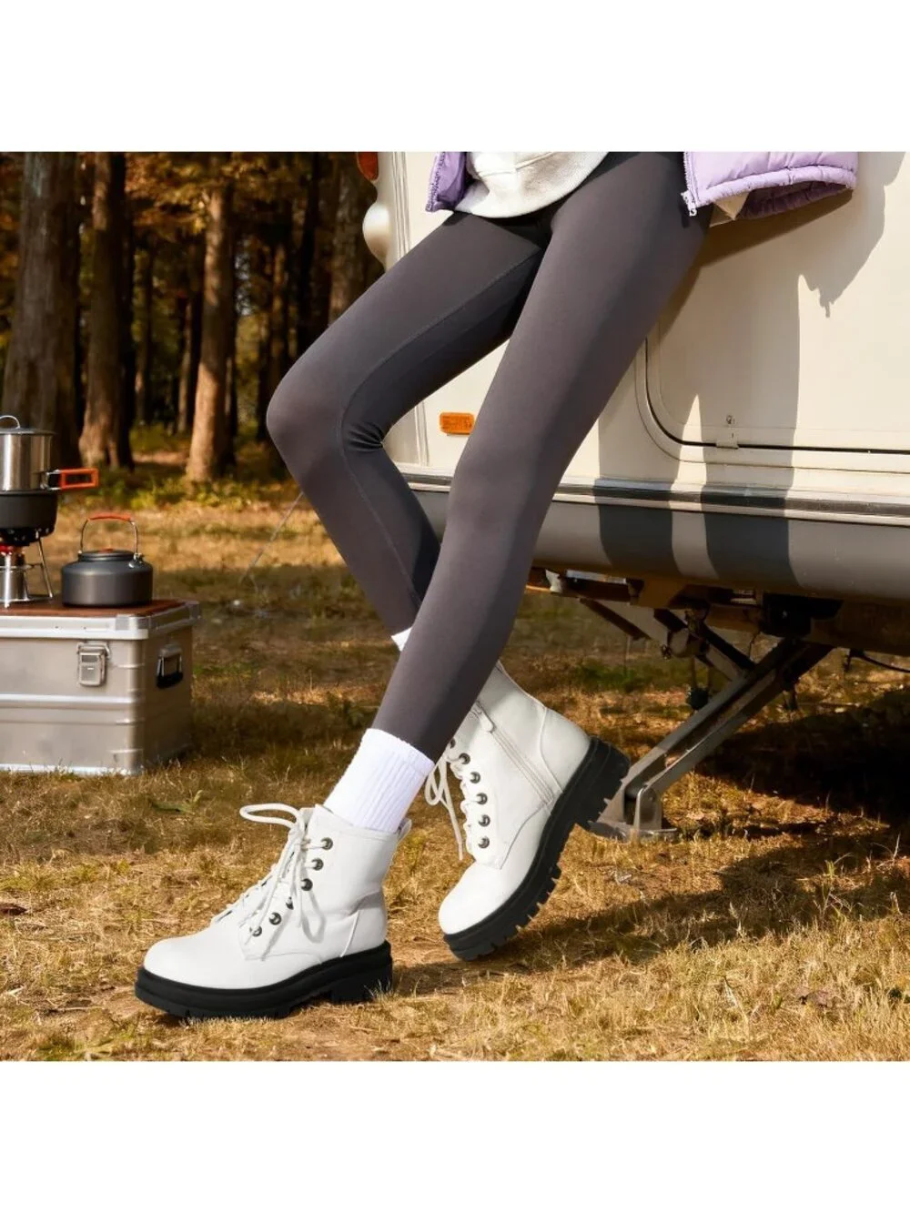 Women's White Thermoplastic Lace Up Platform Side Zipper Lug Sole Ankle Booties